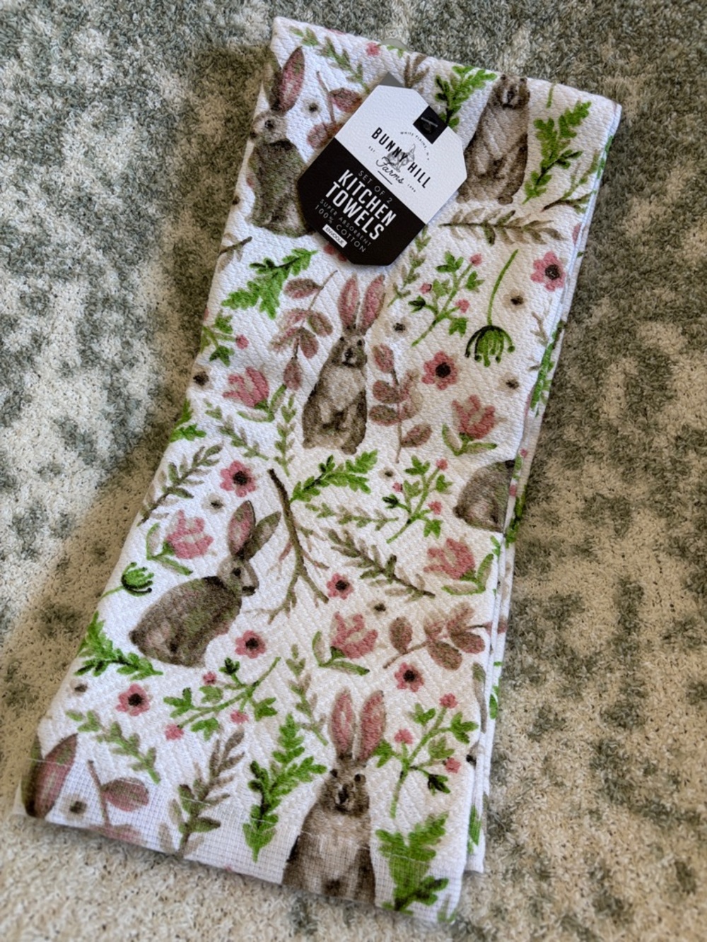 Bunny Hill Farms Spring Easter Floral Bunny Kitchen Towels Set of 2 NWT Cotton